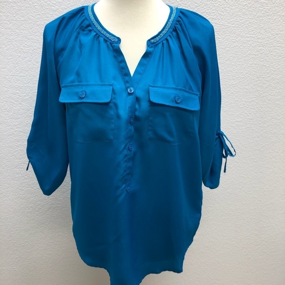 New York and Co Blue Beaded Tunic Blouse Medium